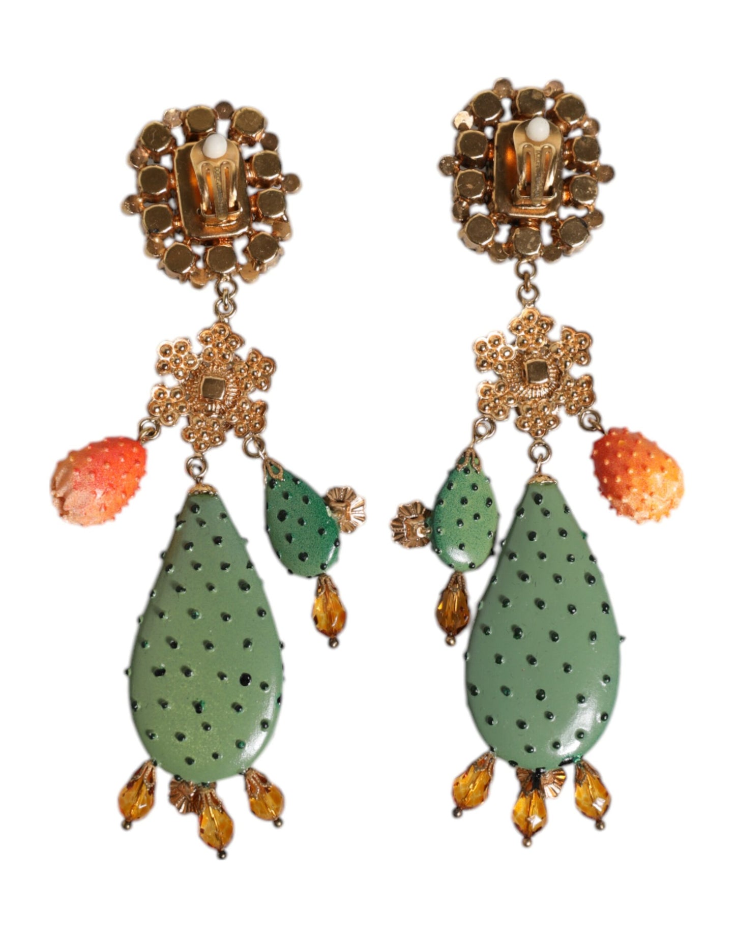 Dolce & Gabbana Green Cactus Crystal Clip On Dangling Jewelry Earrings