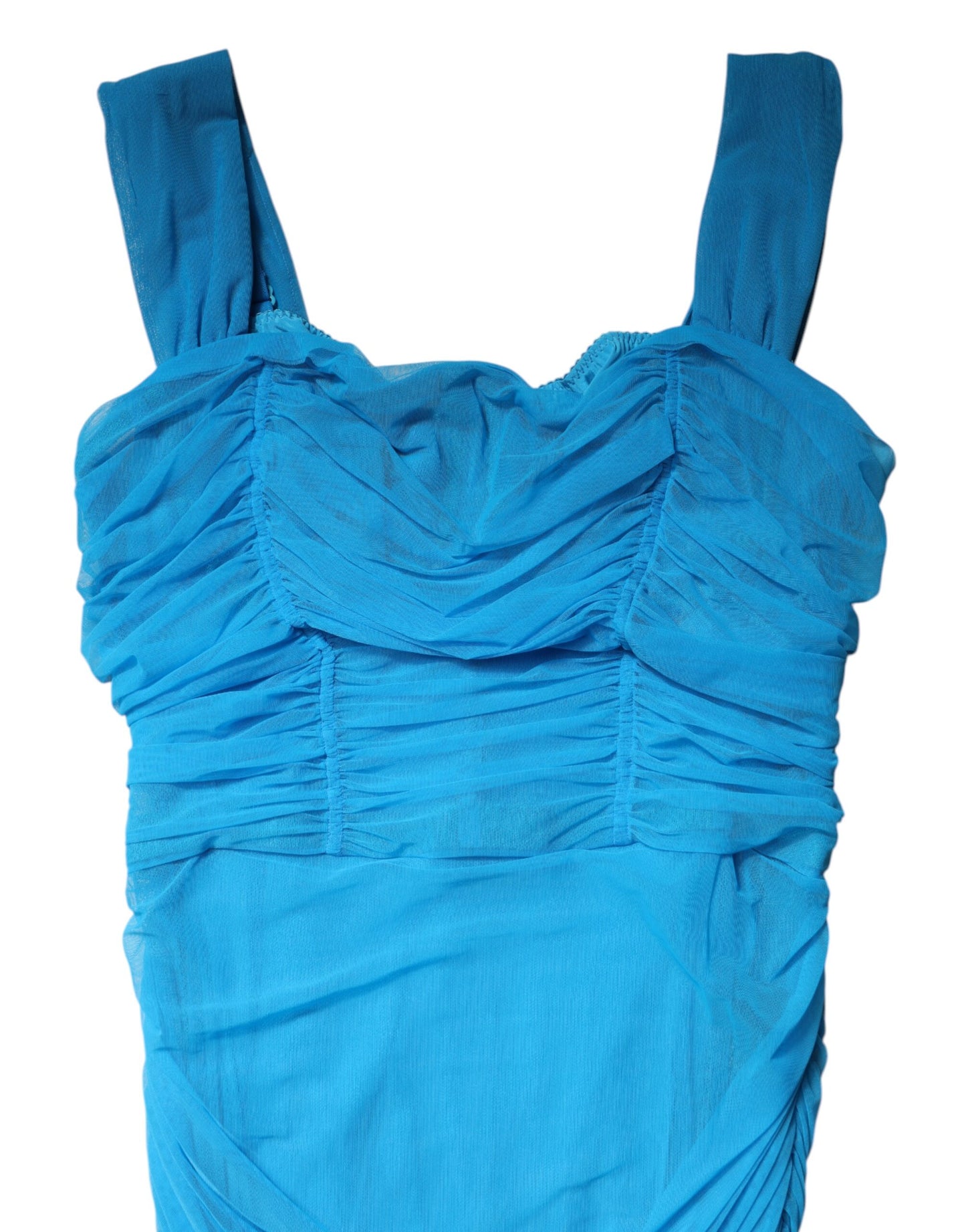 Dolce & Gabbana Blue Mesh Trim Ruched Tulle Sheath Dress