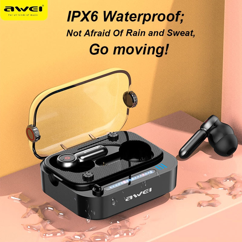 AWEI T58 TWS EARBUDS BLUETOOTH V5.3 TRANSPARENT CASE WIRELESS GAMING SPORTS EARPHONES