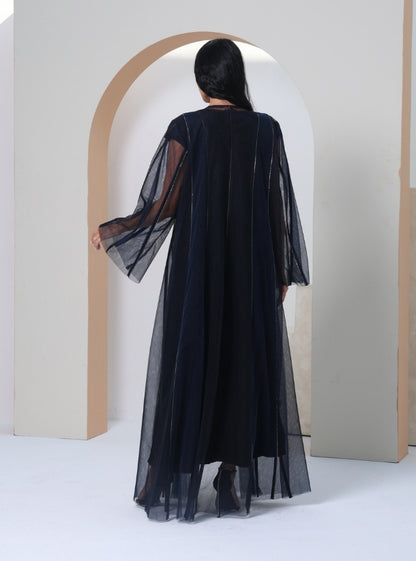 Midnight Reverie: Mesmerize in Navy Blue and Black Front Open Tulle Abayas Embellished with Glistening Crystal Streaks.