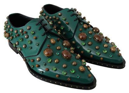 Dolce & Gabbana Emerald Leather Dress Shoes with Crystal Accents