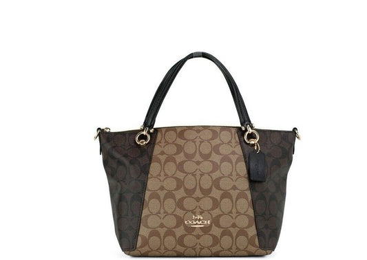 حقيبة يد COACH Kacey Khaki Brown Blocked Signature Canvas Top Zip Satchel