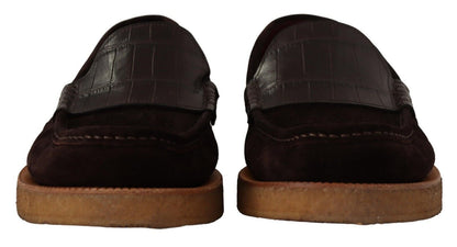 Dolce & Gabbana Elegant Suede Crocodile Loafers in Brown