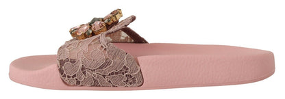 Dolce & Gabbana Floral Lace Crystal Embellished Slide Flats