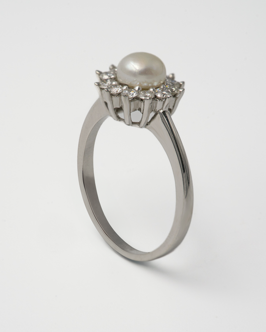 PEARL AND DIAMOND HALO RING