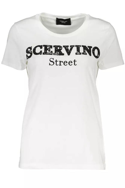 تي شيرت Scervino Street Chic باللون الأبيض مع تفاصيل تطريز متباينة