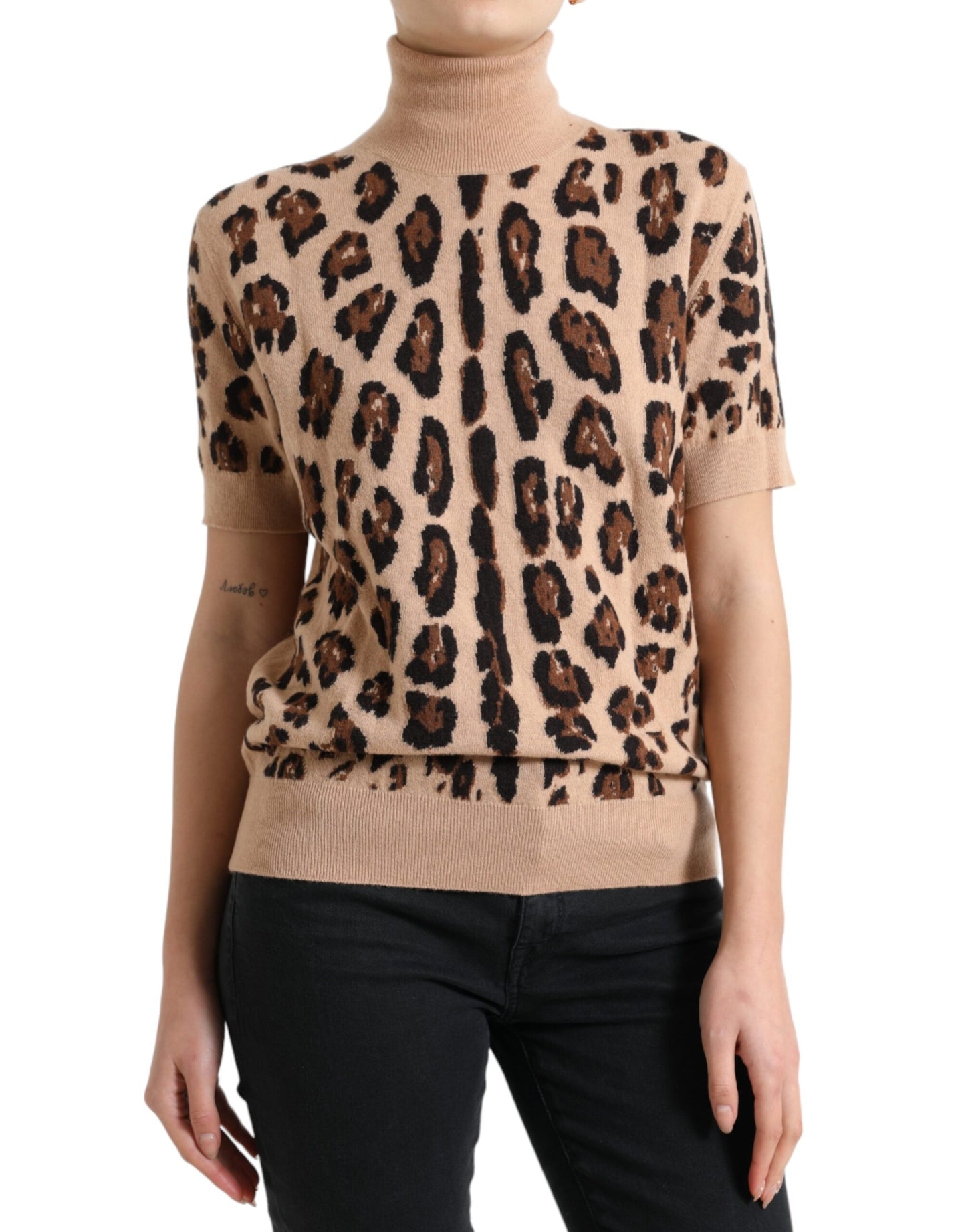 Dolce & Gabbana Elegant Beige Leopard Turtleneck Wool Top