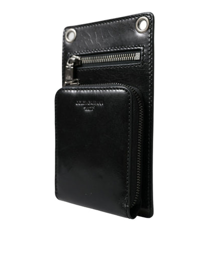 Dolce & Gabbana Black Calf Leather Zip Logo Shoulder Neck Strap Wallet