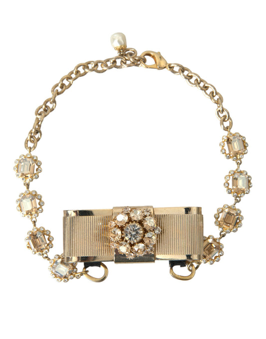 Dolce & Gabbana Gold Brass Clear Crystal Bow Chain Choker Necklace