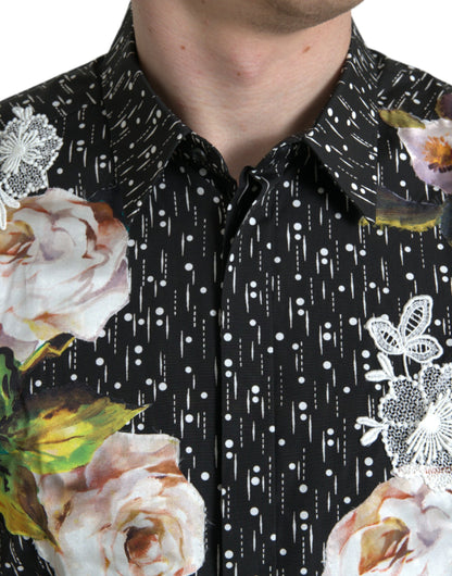 Dolce & Gabbana Black Floral Men Formal Dress GOLD Shirt