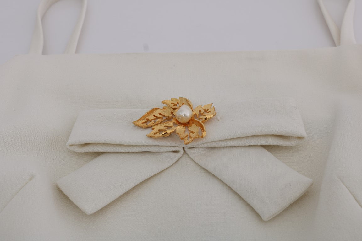 Dolce & Gabbana Elegant White Wool Shift Dress with Gold Brooch