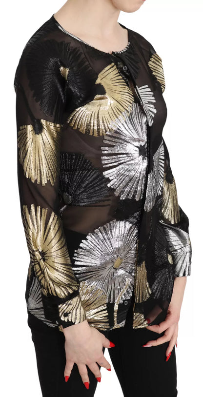 Dsquared² Gold Silver Silk Jacquard See Through Top Blouse