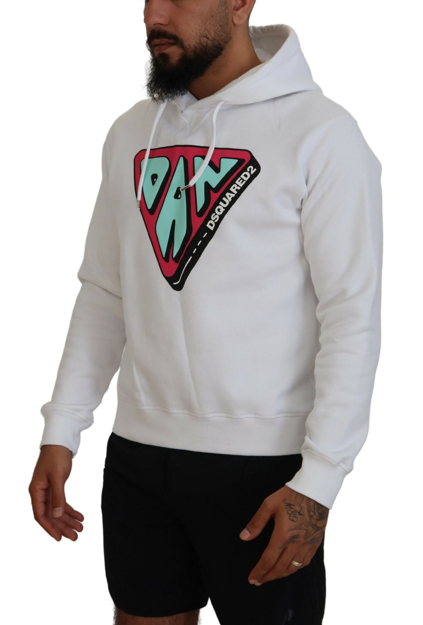 Dsquared² White Cotton Hooded Printed Pullover Sweater