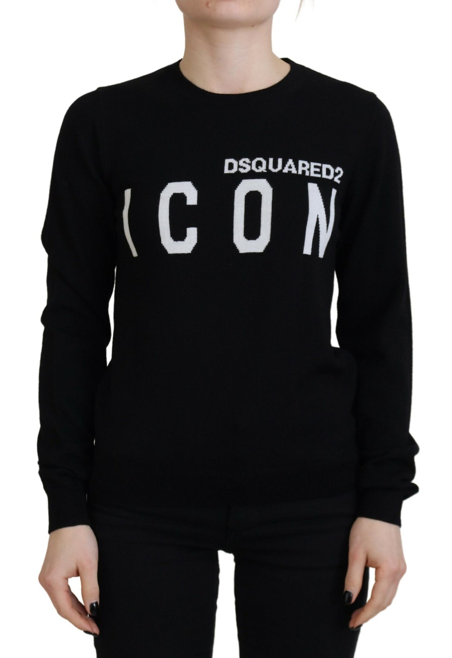 سترة Dsquared² من الصوف البكر باللون الأسود بأكمام طويلة وطبعة شعار