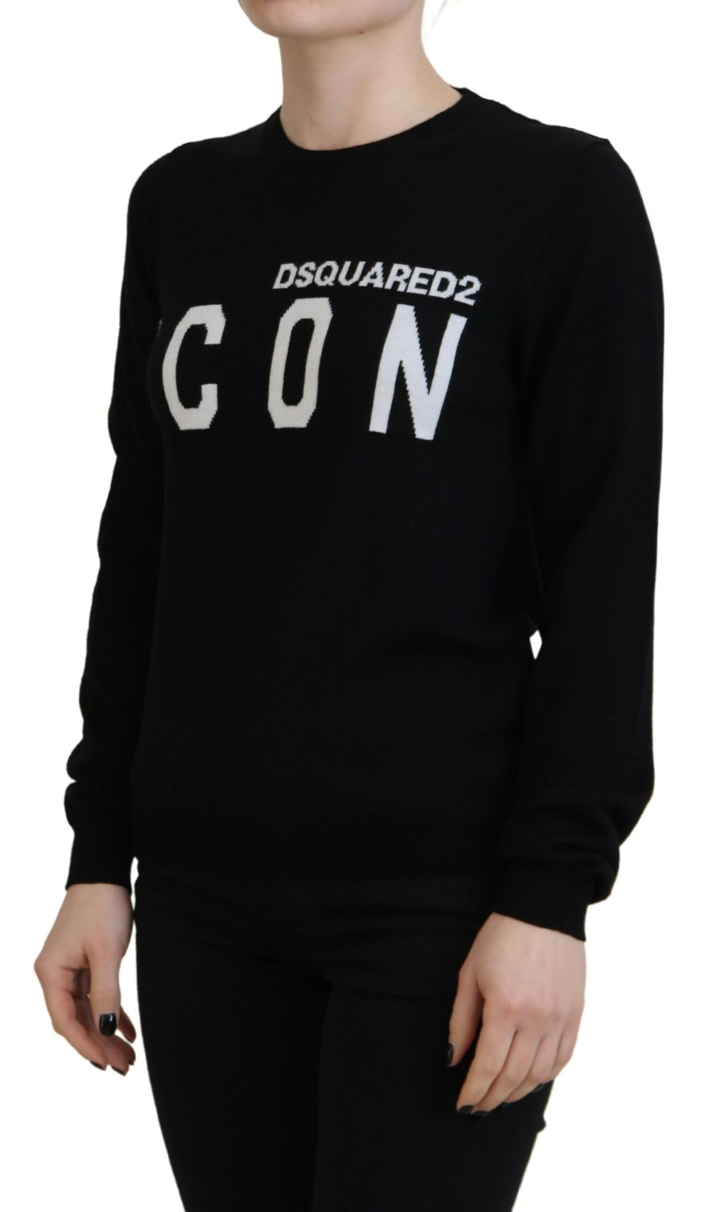 سترة Dsquared² من الصوف البكر باللون الأسود بأكمام طويلة وطبعة شعار