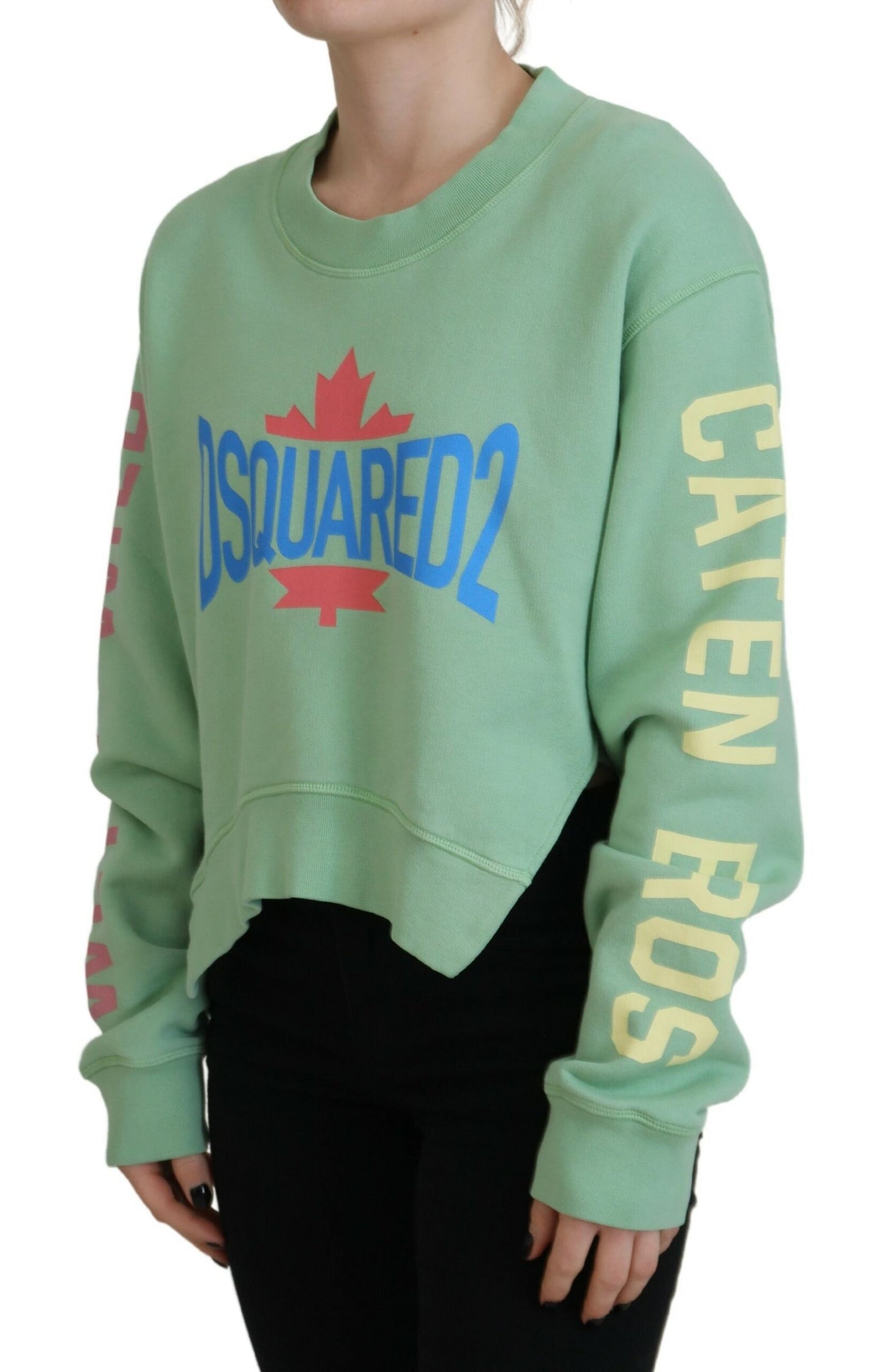 سترة Dsquared² مطبوعة بشعار أخضر وياقة دائرية وأكمام طويلة