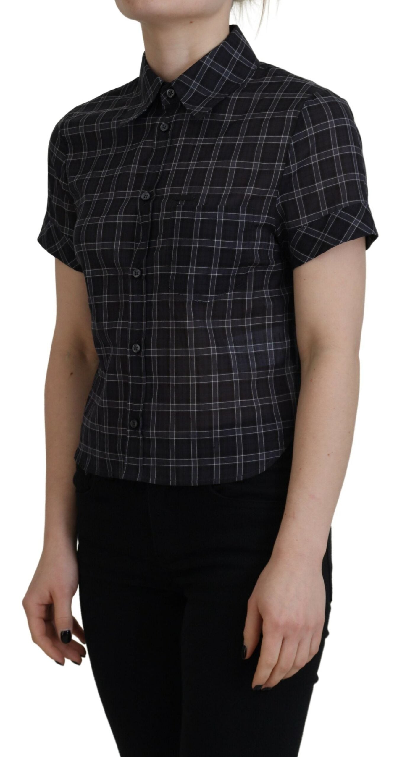 Dsquared² Black Checkered Collared Button Short Sleeves Top