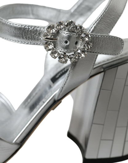 Dolce & Gabbana Silver Lambskin Leather Heels Sandals Shoes