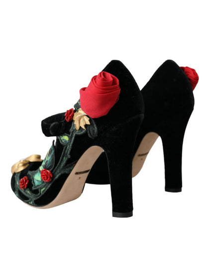 Dolce & Gabbana Black Roses Crystal Brooch Mary Jane Shoes