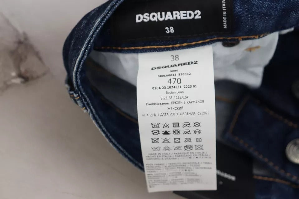 بنطال جينز بوسطن Dsquared² من قماش الدنيم المستقيم عالي الخصر باللون الأزرق