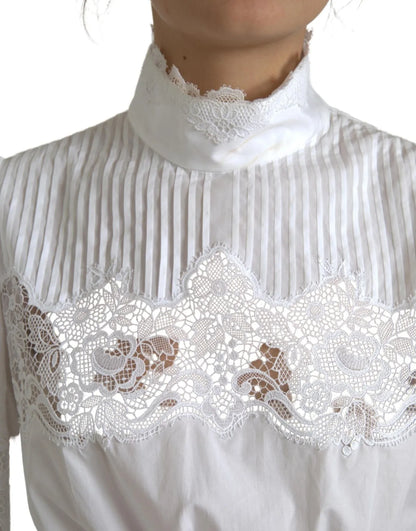 Dolce & Gabbana White Cotton Lace Trim Turtle Neck Top Blouse