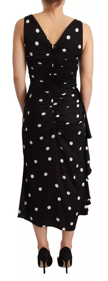 Dolce & Gabbana Black Silk Polka Dots V-neck Sheath Midi Dress