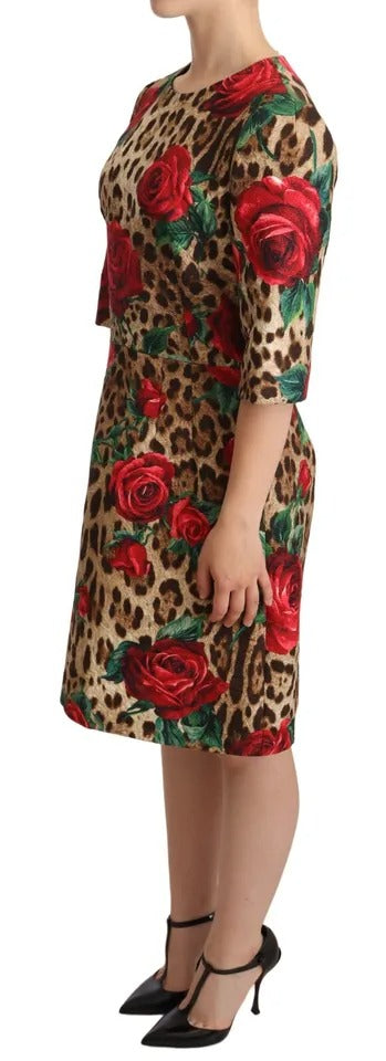 Dolce & Gabbana Brown Leopard Red Roses Cotton A-line Dress