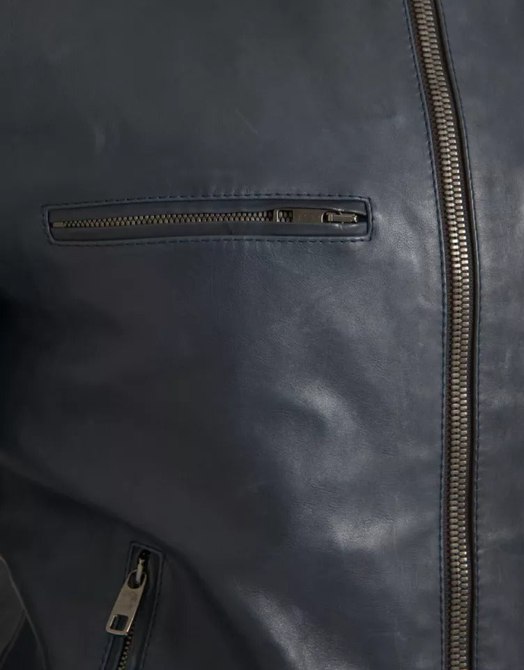 Dolce & Gabbana Blue Leather Full Zip Biker Blouson Jacket