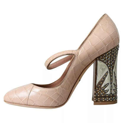 Dolce & Gabbana Beige Leather Mary Janes Embellished Shoes