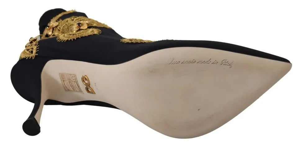 Dolce & Gabbana Black Gold Embroidery Slip On Boots Shoes