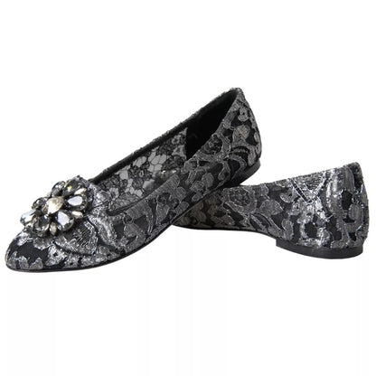 Dolce & Gabbana Gray Black Lace Crystal Ballet Loafers Shoes