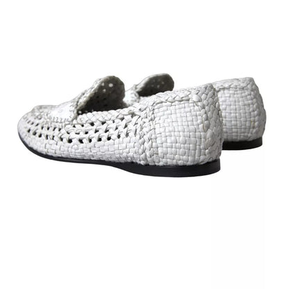 Dolce & Gabbana White Woven Leather Men Slip On Loafers Shoes