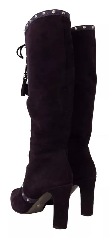 Dolce & Gabbana Purple Suede Leather Studded High Boots Shoes