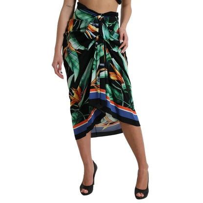 Dolce & Gabbana Black Strelitzia High Waist Wrap Midi Skirt