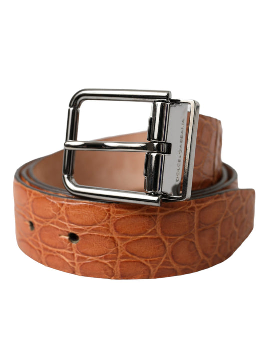 Dolce & Gabbana Brown Exotic Leather Silver Metal Buckle Belt