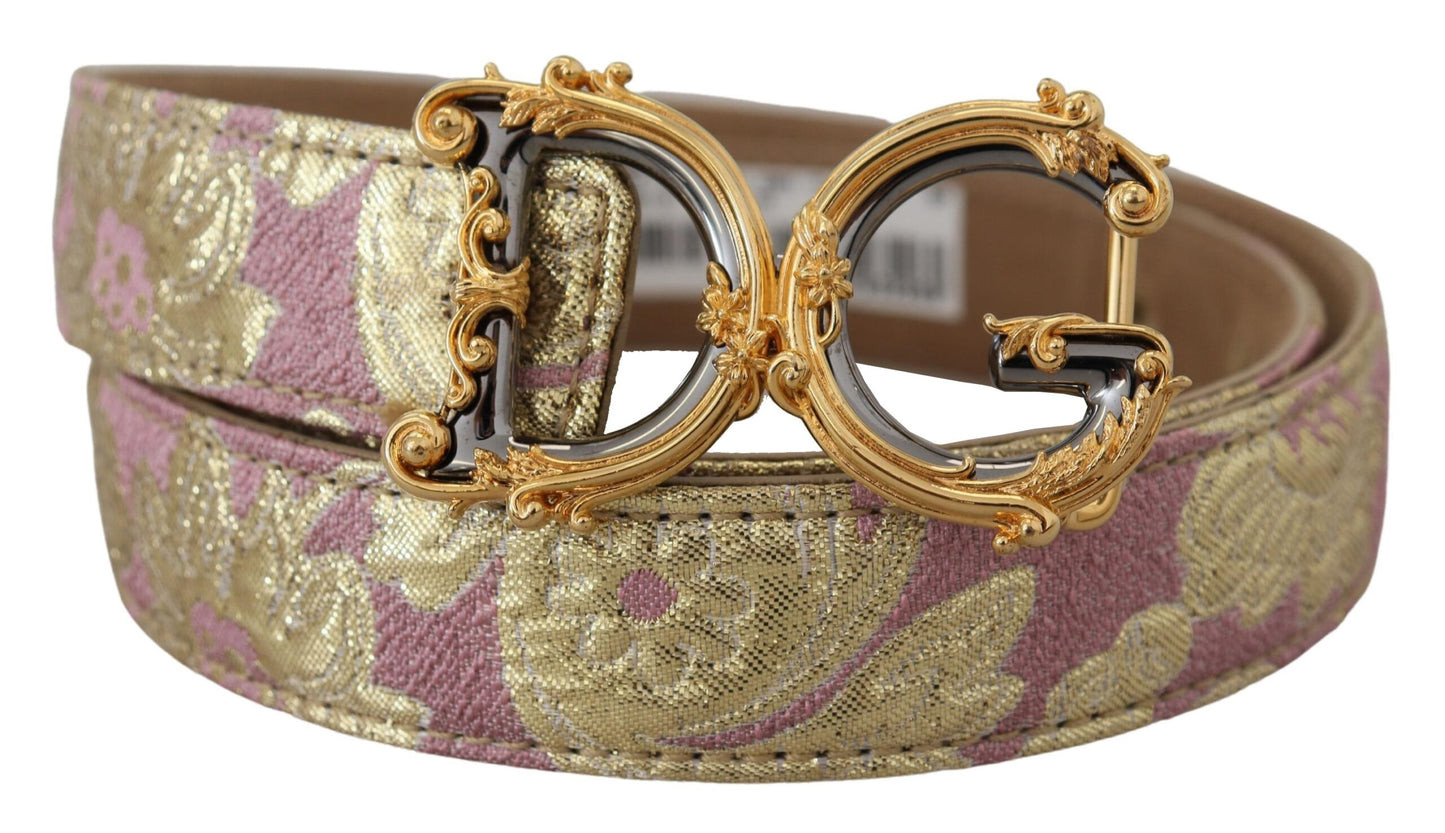 Dolce & Gabbana Pink Jaquard DG Logo Gold Metal Buckle Belt