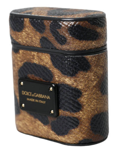 Dolce & Gabbana Brown Leopard Calf Leather Metal Logo Plaque Airpods Case