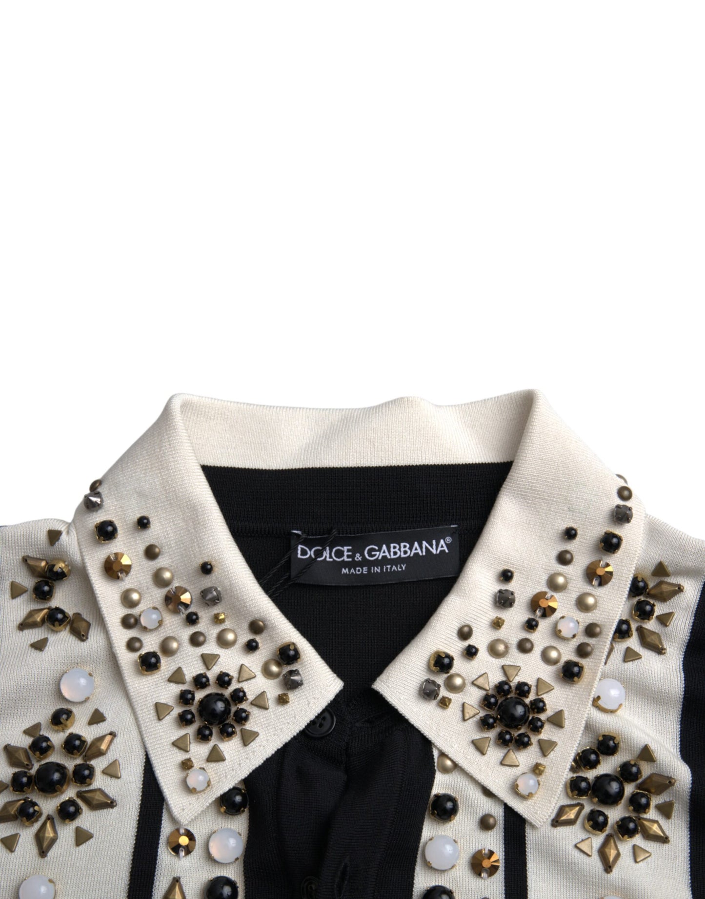 Dolce & Gabbana White Black Silk Studded Stone Crystal Shirt