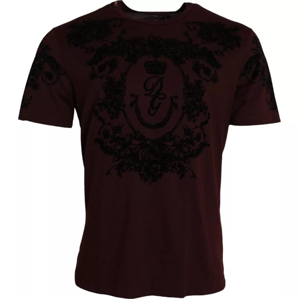 Dolce & Gabbana Maroon DG Crown Floral Crewneck Men T-shirt