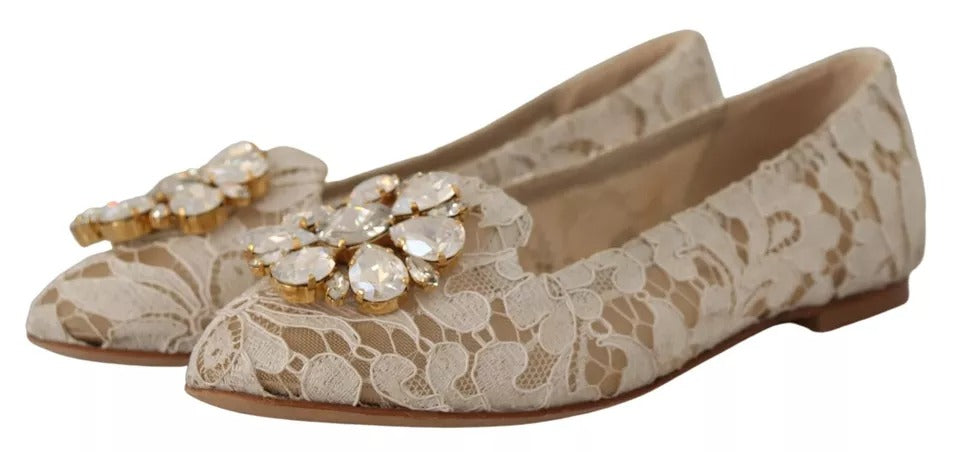 Dolce & Gabbana Beige Lace Crystal Ballet Flats Loafers Shoes