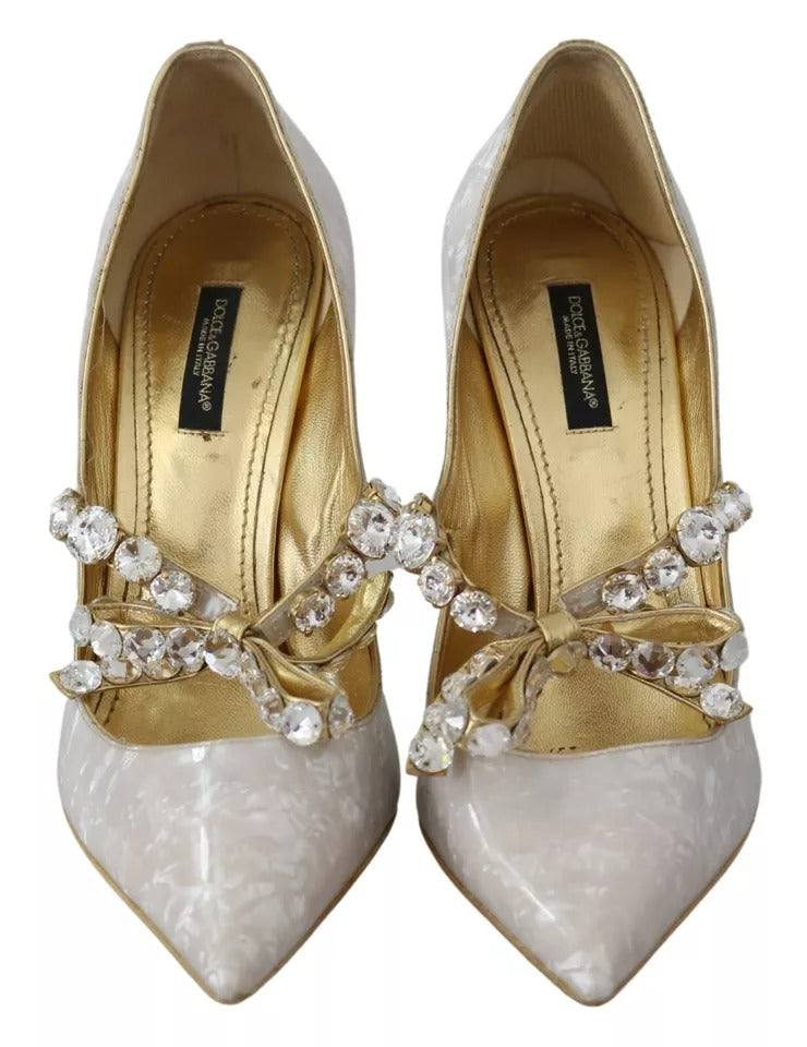 Dolce & Gabbana White Crystal Bow Pearl Mary Jane Pumps Shoes