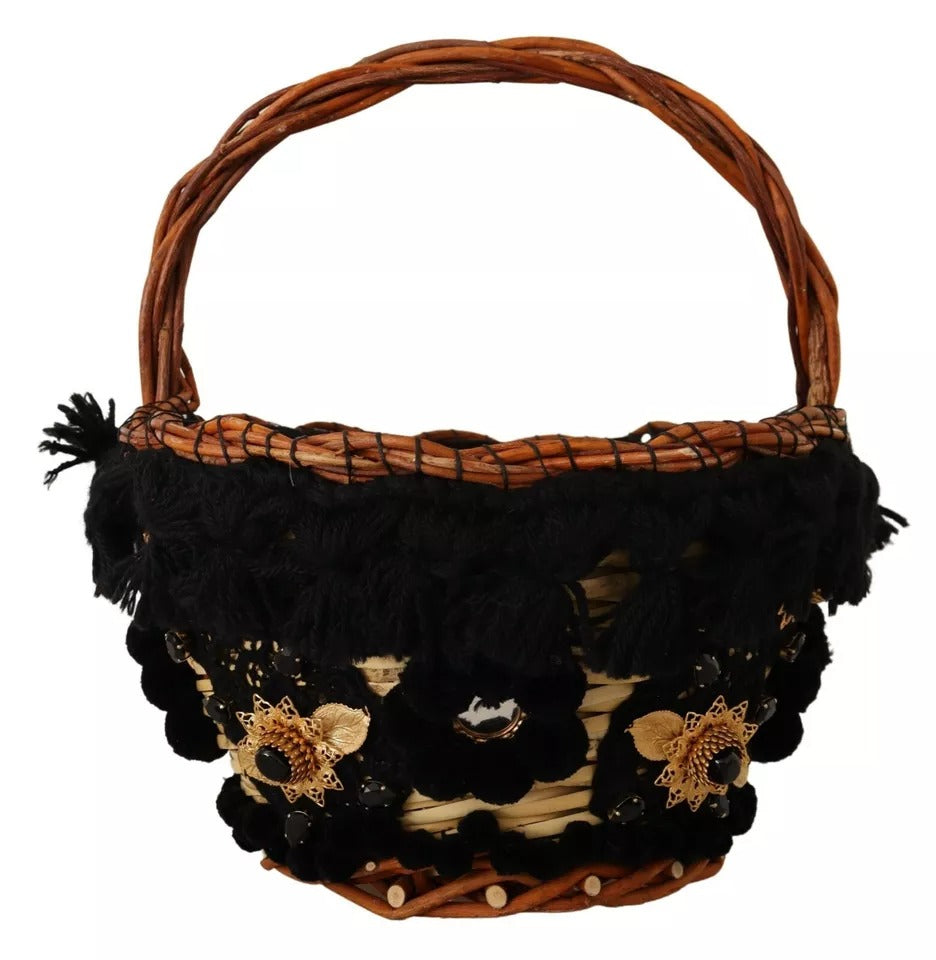 Dolce & Gabbana Black Beige Straw Basket Tote Pom Pom Crystals Bag