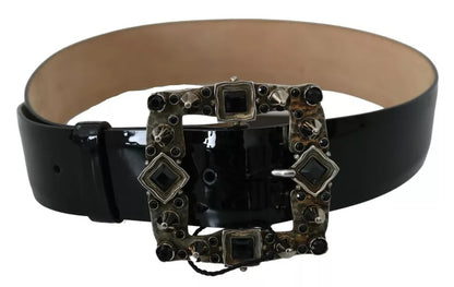 Dolce & Gabbana Black Shiny Leather Crystal Logo Buckle Belt