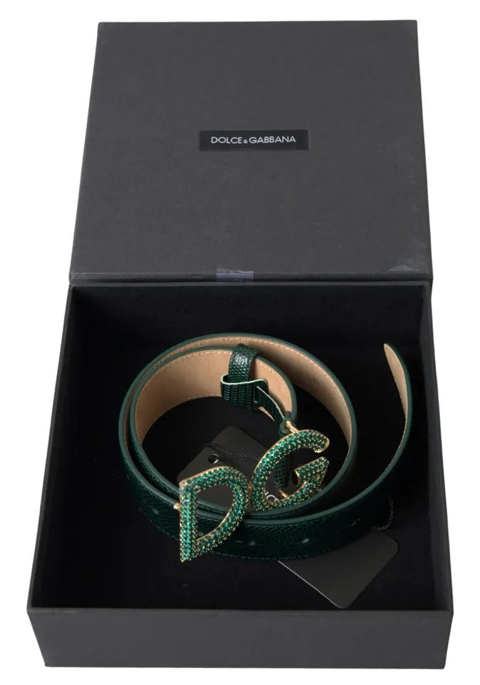 Dolce & Gabbana Green Iguana Leather DG Crystal Gold Buckle Belt