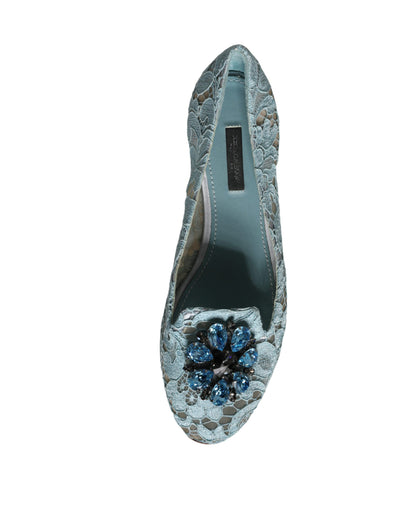 Dolce & Gabbana Blue Lace Crystal Ballet Flats Loafers Shoes