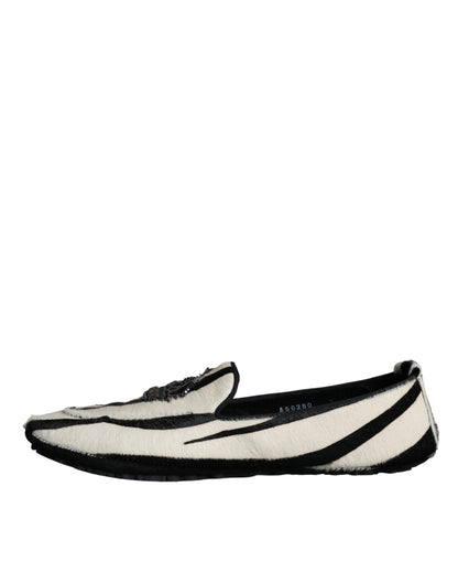 Dolce & Gabbana Black White Calf Fur Slip On Loafers Men Shoes