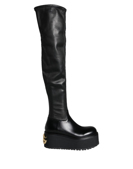 Dolce & Gabbana Black Leather Logo Knee High Boots Shoes