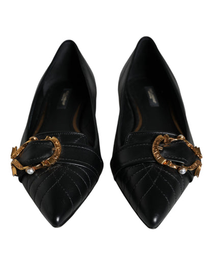 Dolce & Gabbana Black Devotion Leather Pointy Flats Shoes