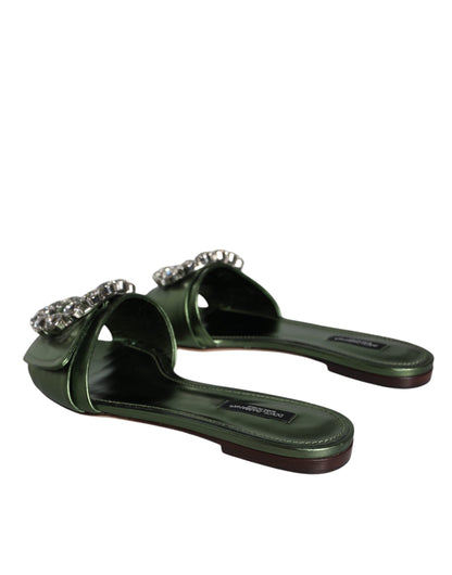 Dolce & Gabbana Metallic Green Crystal Leather Flats Sandals Shoes