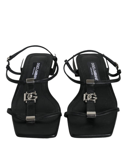 Dolce & Gabbana Black Leather Logo Ankle Strap Keira Sandals Shoes